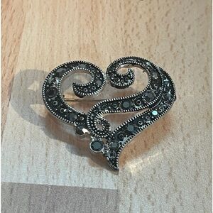 Vintage Marcasite Heart Black Asymmetrical Heart Brooch